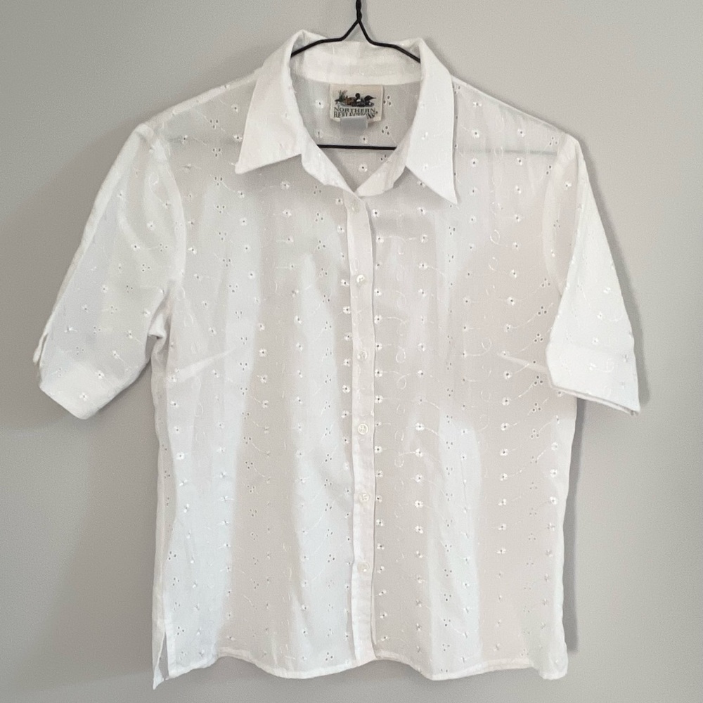 Vintage Floral White Short Sleeved Blouse Size Small